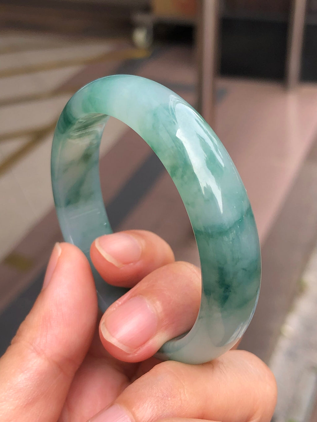 Icy Bluish Green Floral Jade Bangle