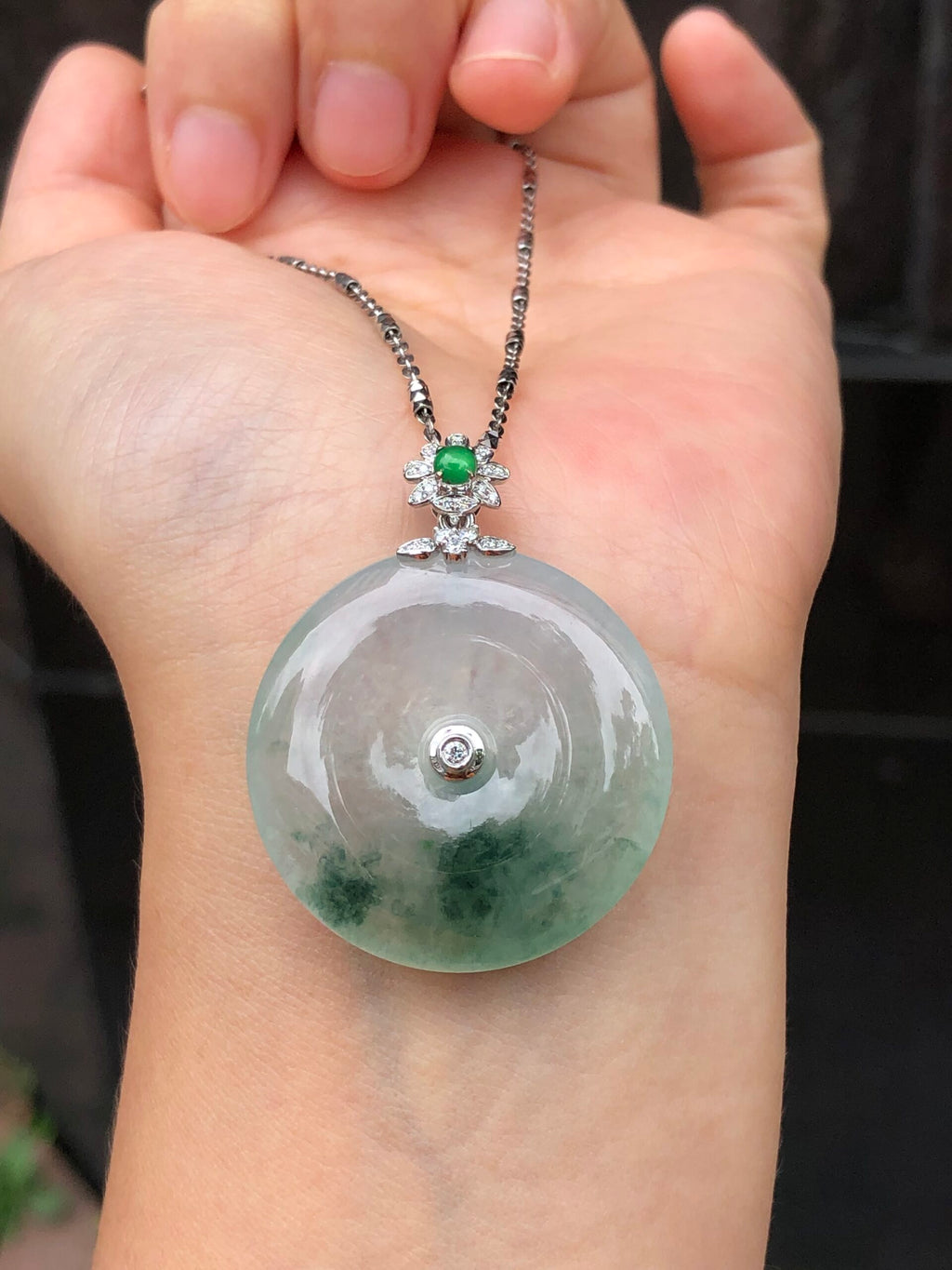 Icy with Bluish Green Floral Jade Safety Coin