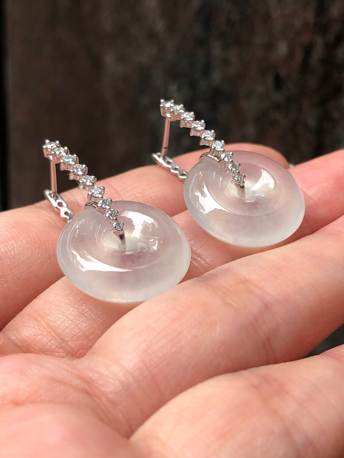 Natural Type A highly translucent, near glassy icy white jadeite safety coin earrings set in 18K white gold and natural diamonds | ClassicJade Singapore