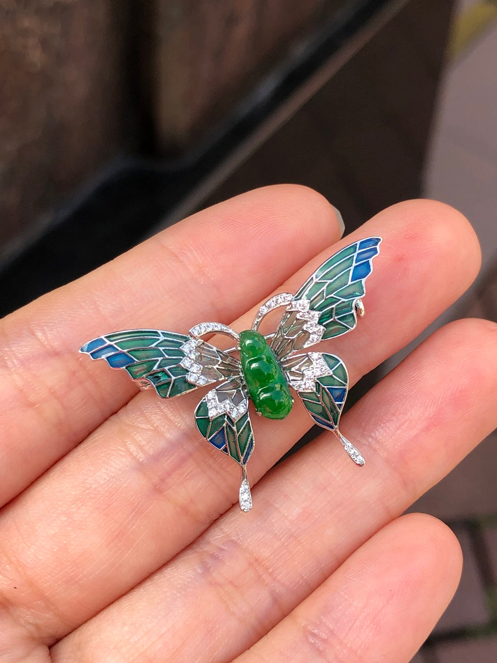 Green Jade Pea Pod Butterfly Pendant/Brooch