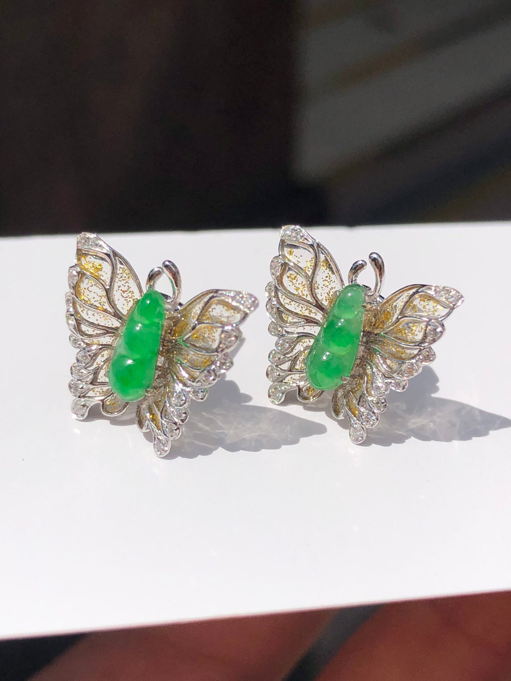 Green Jade Pea Pod Butterfly Earrings