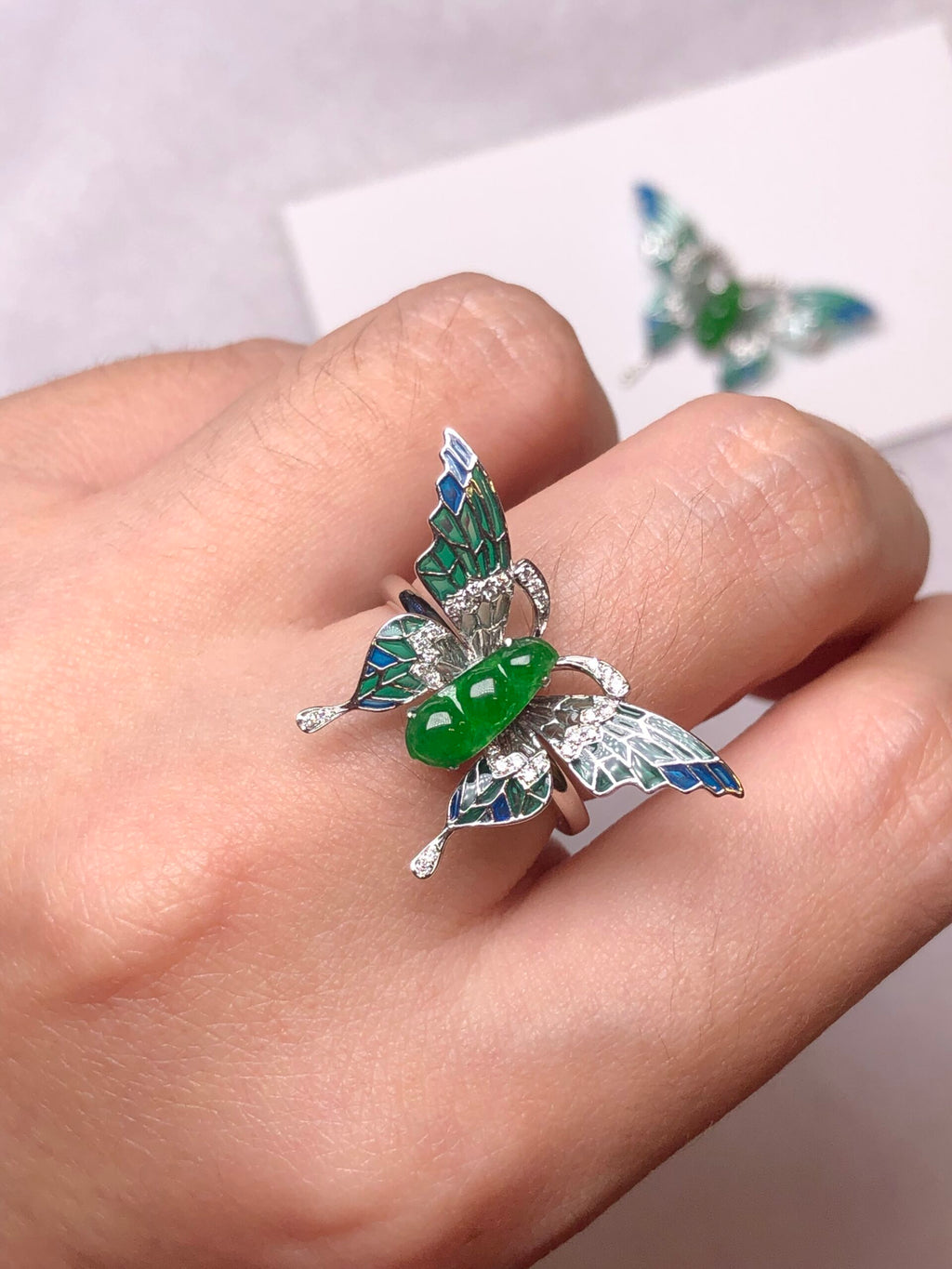Green Jade Pea Pod Butterfly Ring