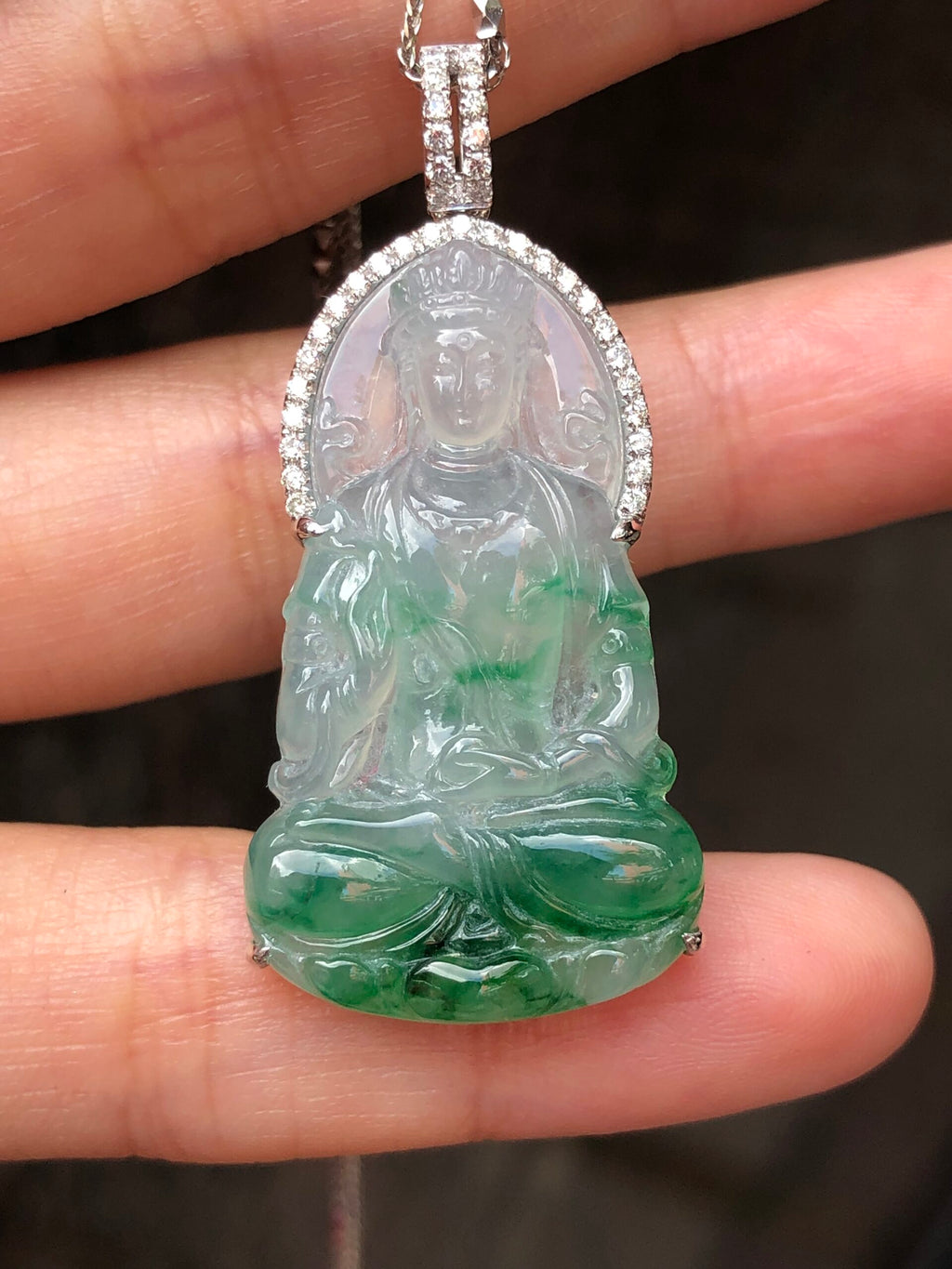 Icy Green Jade Guan Yin Pendant