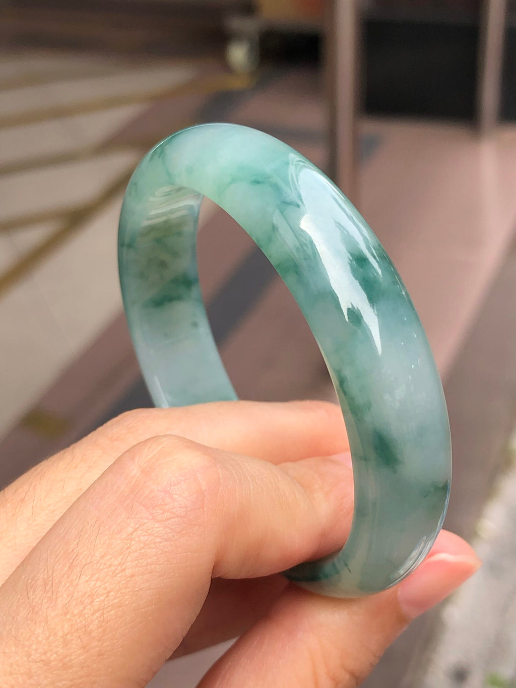 Icy Bluish Green Floral Jade Bangle
