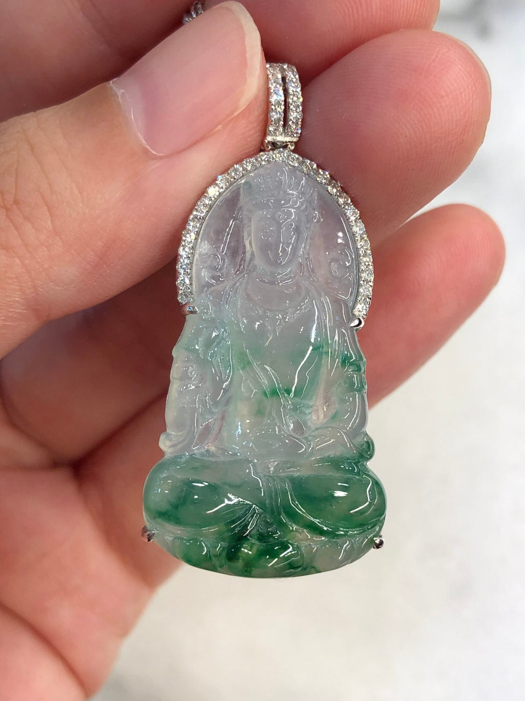 Icy Green Jade Guan Yin Pendant