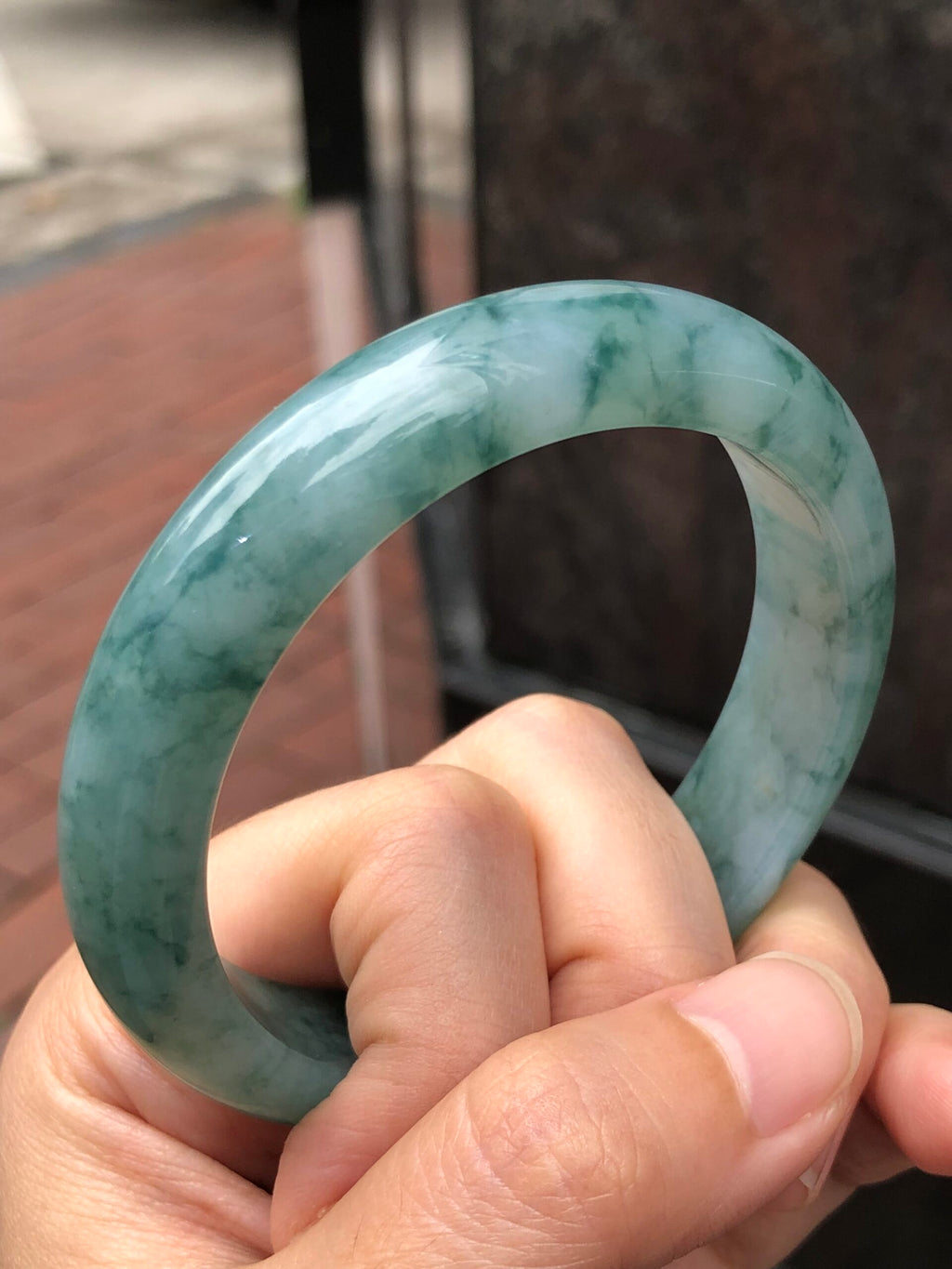 Icy Bluish Green Floral Jade Bangle