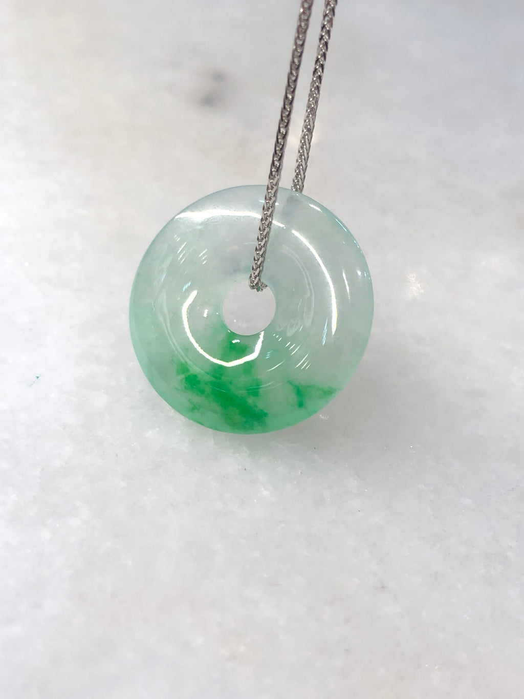 Icy Green Safety Coin Jadeite Pendant with 18K White Gold Chain | ClassicJade Singapore
