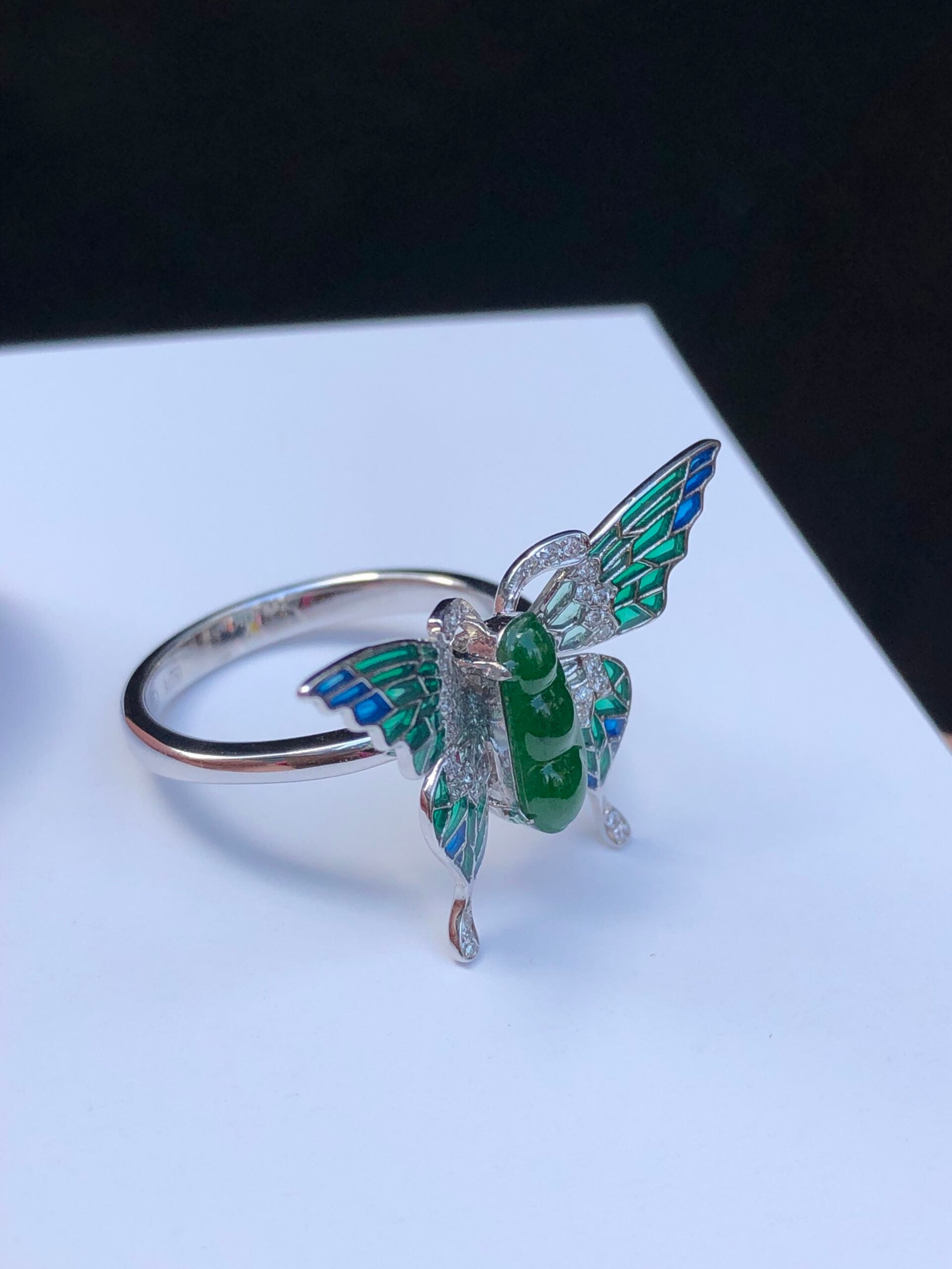 Green Jade Pea Pod Butterfly Ring