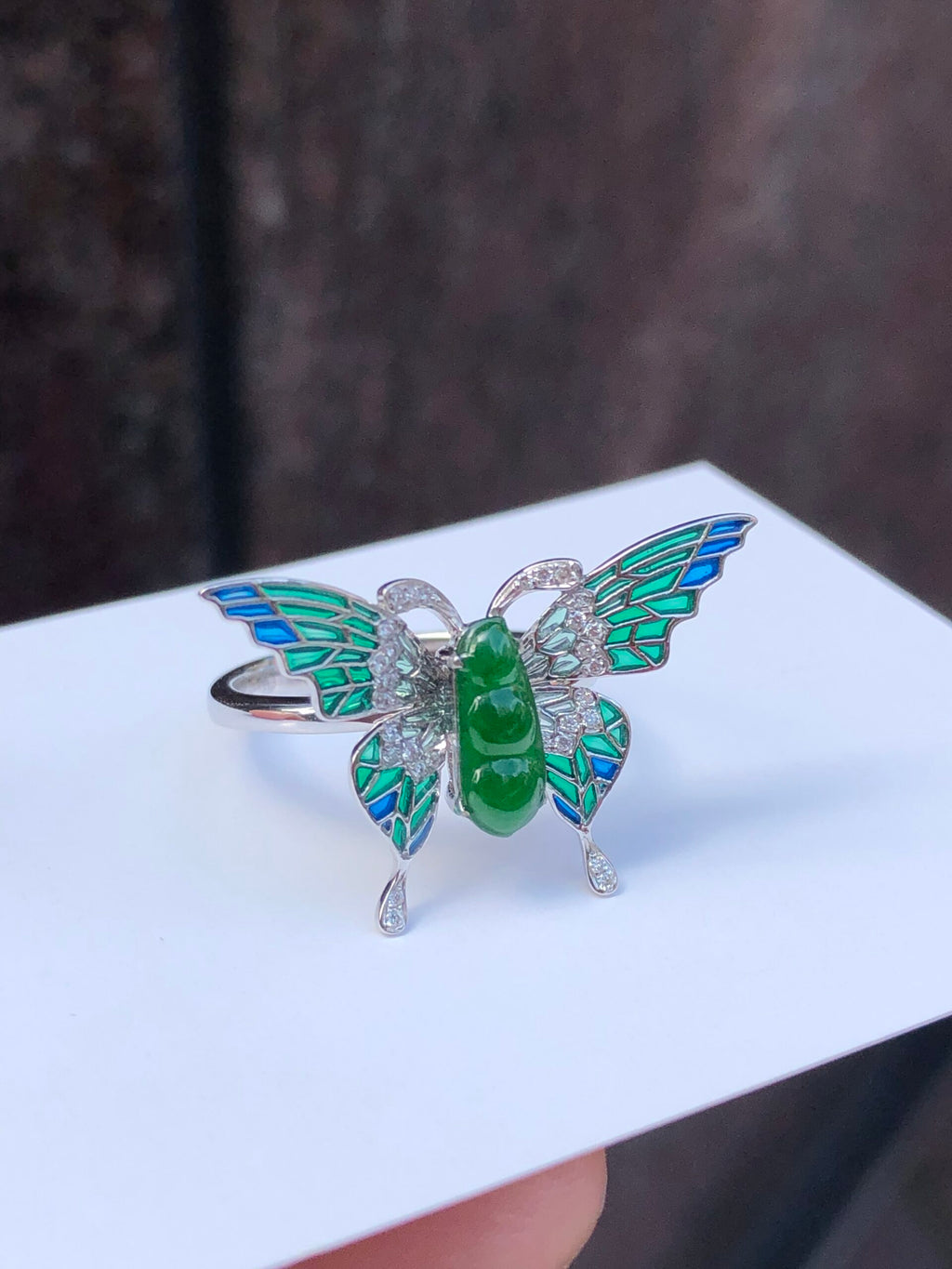 Green Jade Pea Pod Butterfly Ring