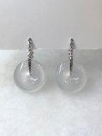 Natural Type A highly translucent, near glassy icy white jadeite safety coin earrings set in 18K white gold and natural diamonds | ClassicJade Singapore