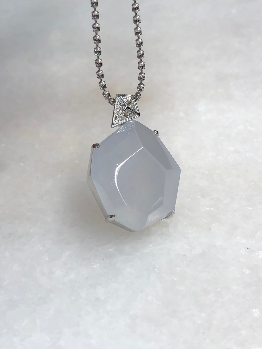 Natural Type A icy white faceted jadeite pendant in 18K white gold and natural diamonds | ClassicJade Singapore