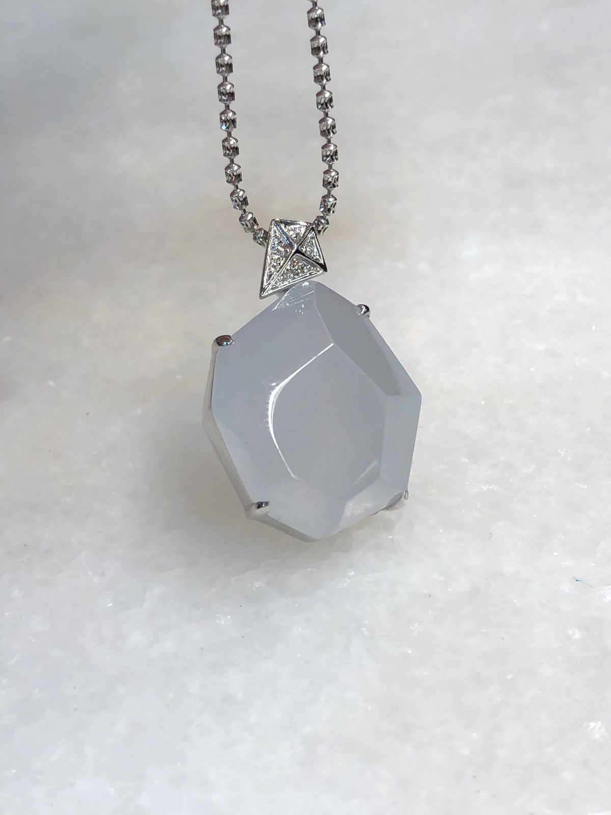 Natural Type A icy white faceted jadeite pendant in 18K white gold and natural diamonds | ClassicJade Singapore