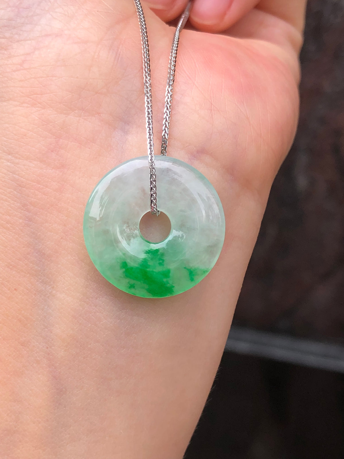 Icy Green Safety Coin Jadeite Pendant with 18K White Gold Chain | ClassicJade Singapore