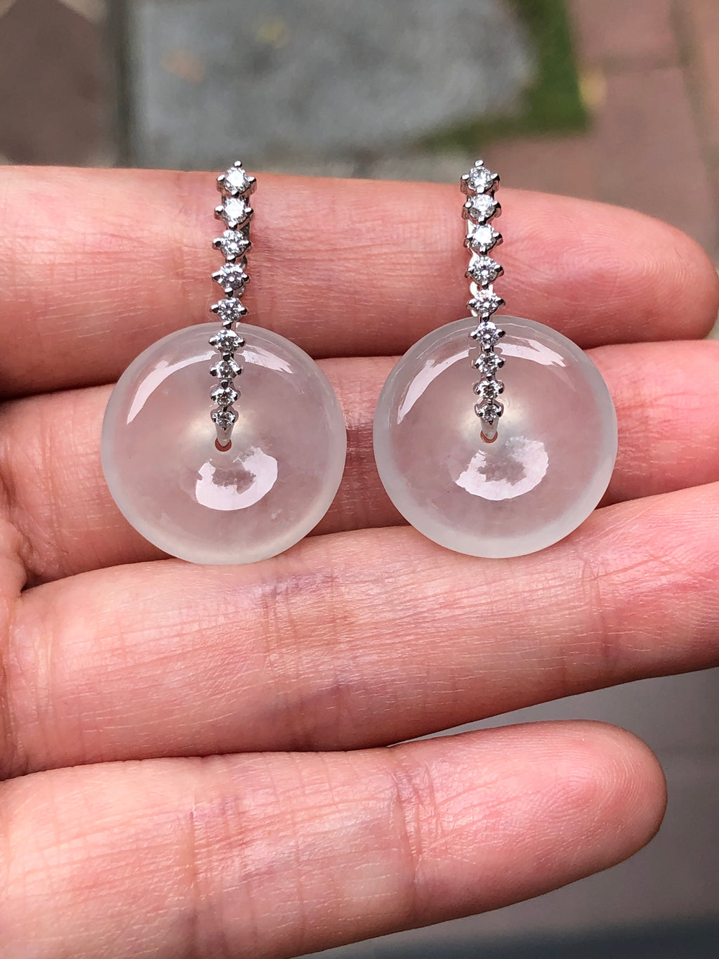 Natural Type A highly translucent, near glassy icy white jadeite safety coin earrings set in 18K white gold and natural diamonds | ClassicJade Singapore