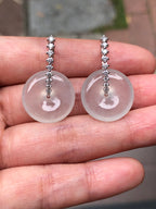 Natural Type A highly translucent, near glassy icy white jadeite safety coin earrings set in 18K white gold and natural diamonds | ClassicJade Singapore