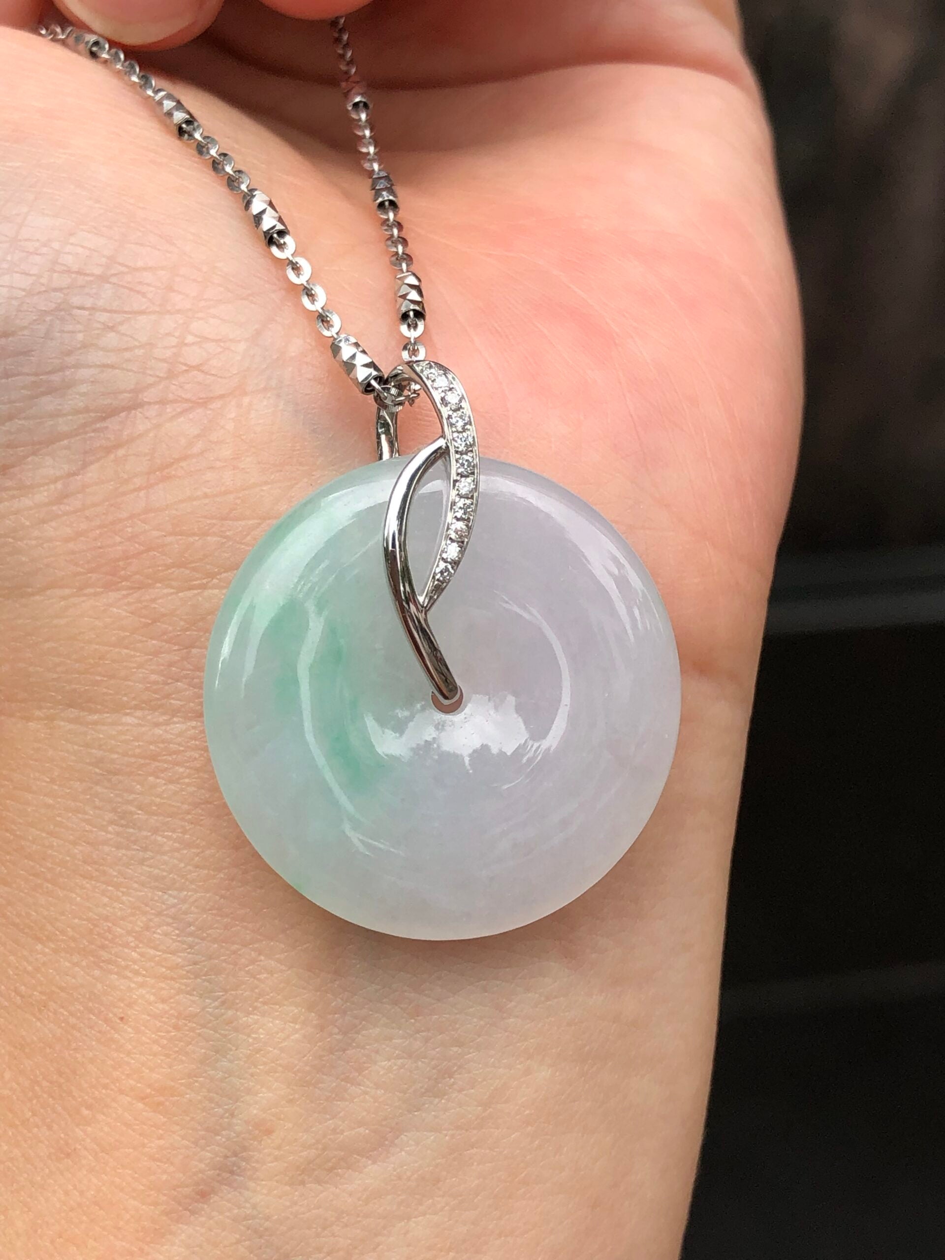 Icy White with Green Jade Safety Coin Pendant