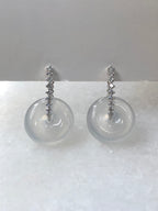 Natural Type A highly translucent, near glassy icy white jadeite safety coin earrings set in 18K white gold and natural diamonds | ClassicJade Singapore