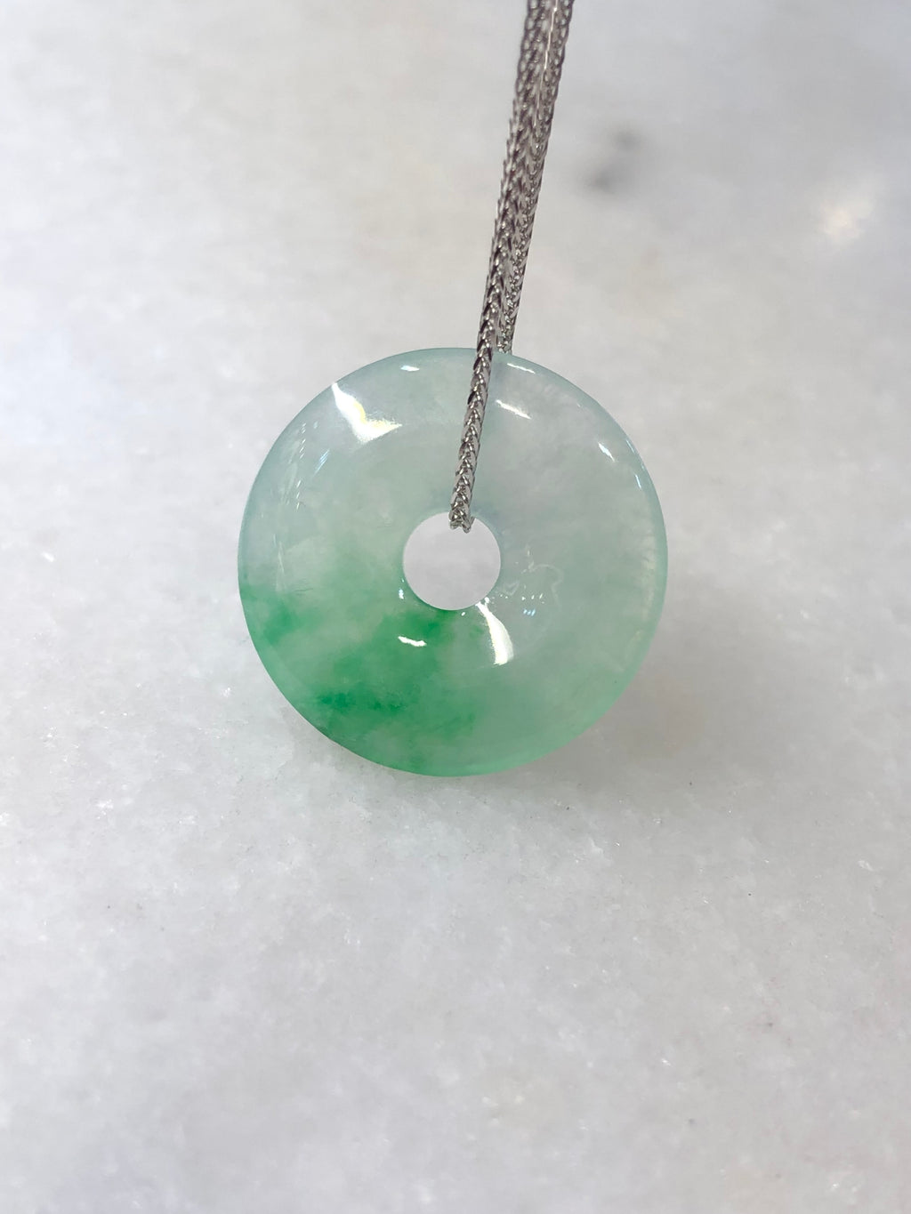 Icy Green Safety Coin Jadeite Pendant with 18K White Gold Chain | ClassicJade Singapore