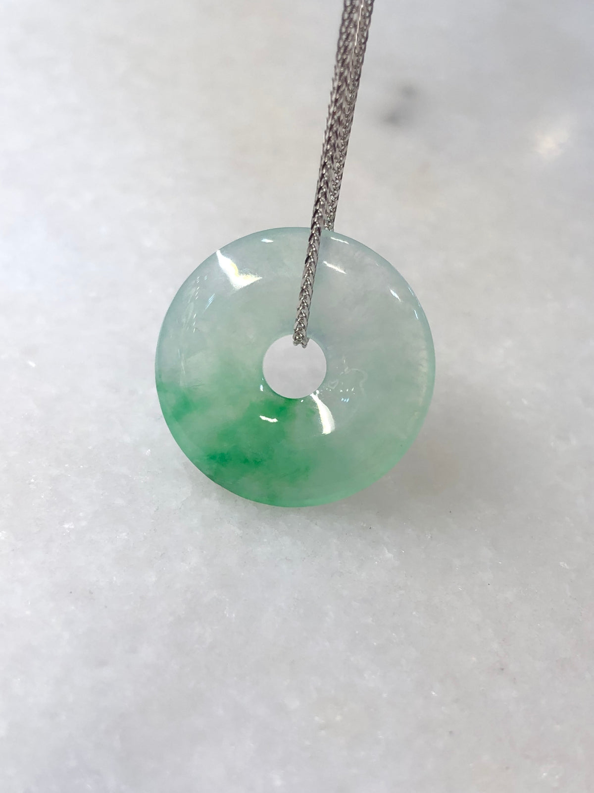 Icy Green Safety Coin Jadeite Pendant with 18K White Gold Chain | ClassicJade Singapore