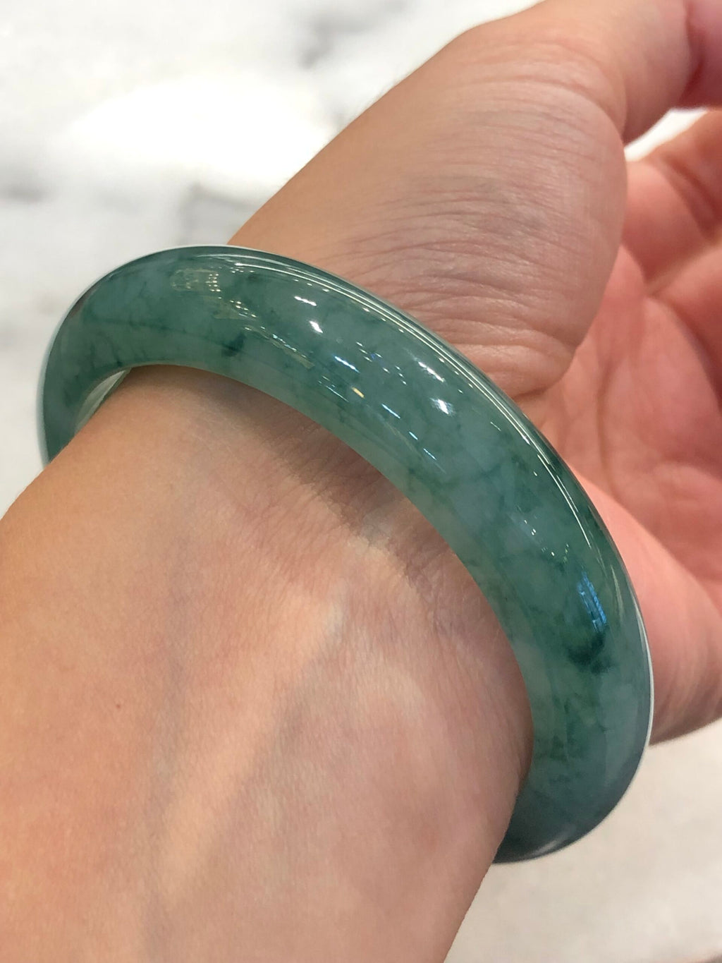 Icy Bluish Green Floral Jade Bangle