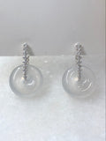 Natural Type A highly translucent, near glassy icy white jadeite safety coin earrings set in 18K white gold and natural diamonds | ClassicJade Singapore