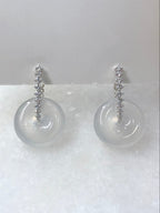 Natural Type A highly translucent, near glassy icy white jadeite safety coin earrings set in 18K white gold and natural diamonds | ClassicJade Singapore