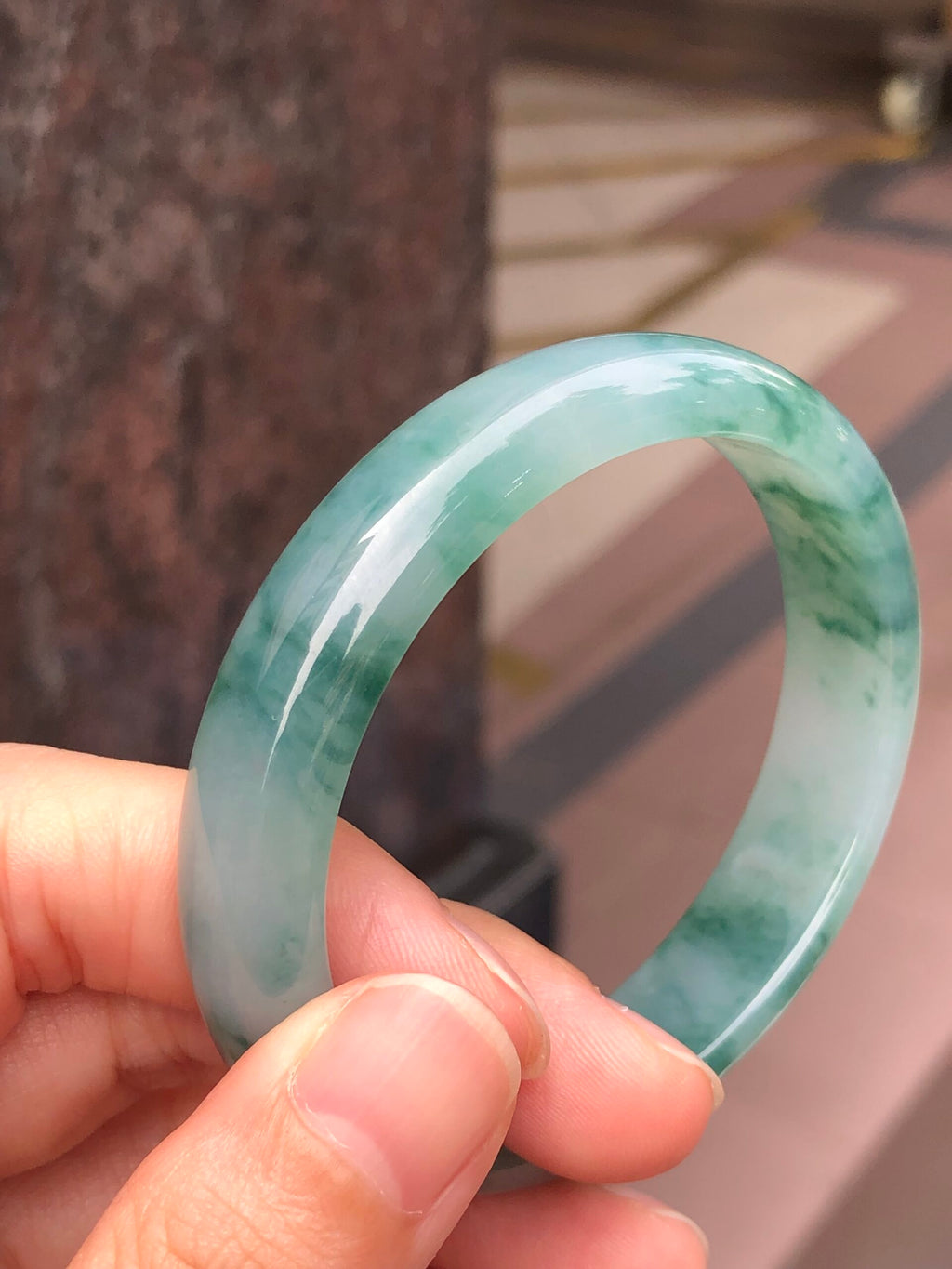 Icy Bluish Green Floral Jade Bangle