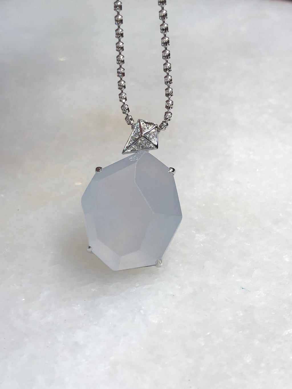 Natural Type A icy white faceted jadeite pendant in 18K white gold and natural diamonds | ClassicJade Singapore
