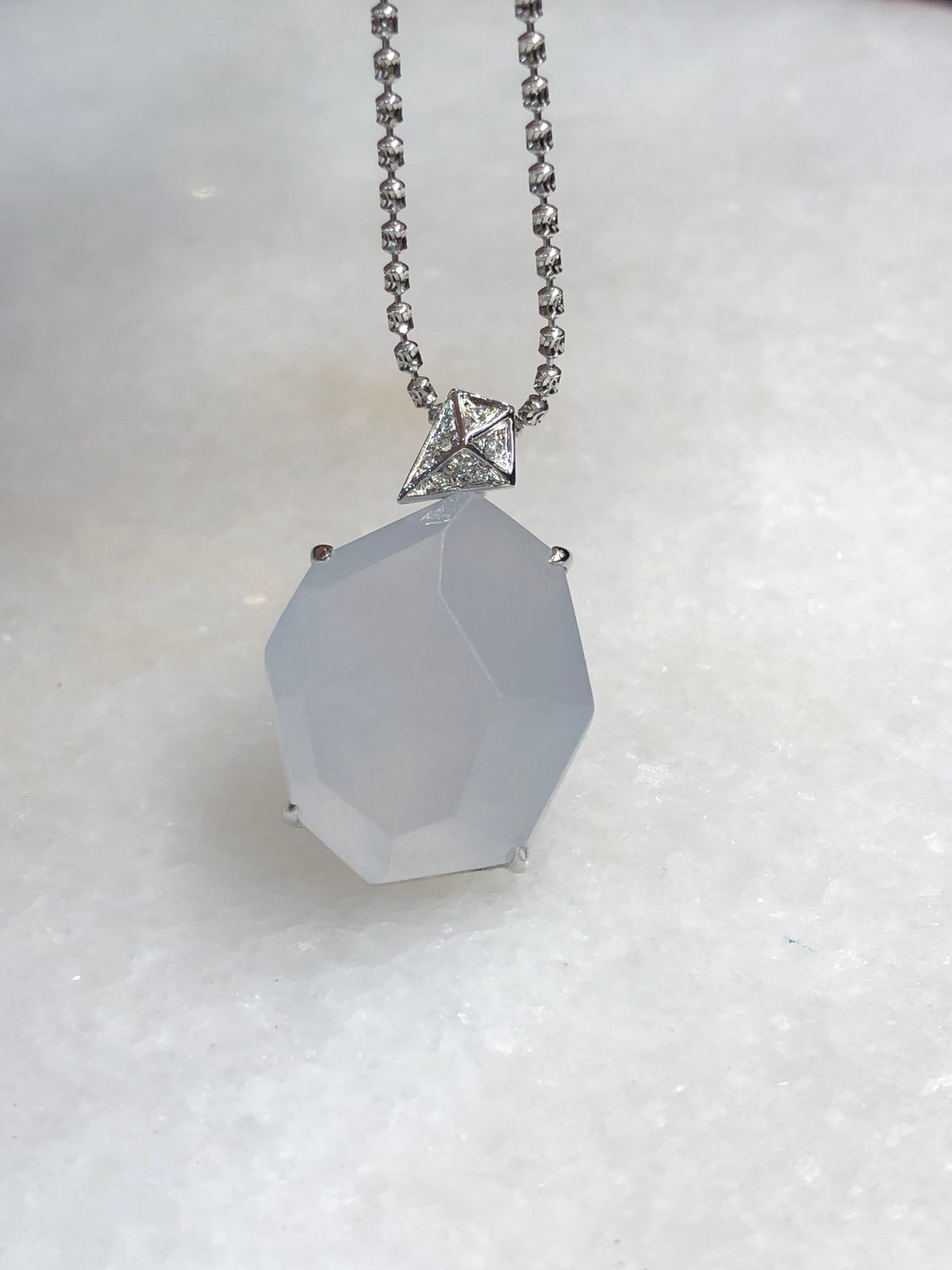 Natural Type A icy white faceted jadeite pendant in 18K white gold and natural diamonds | ClassicJade Singapore