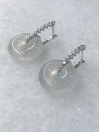 Natural Type A highly translucent, near glassy icy white jadeite safety coin earrings set in 18K white gold and natural diamonds | ClassicJade Singapore