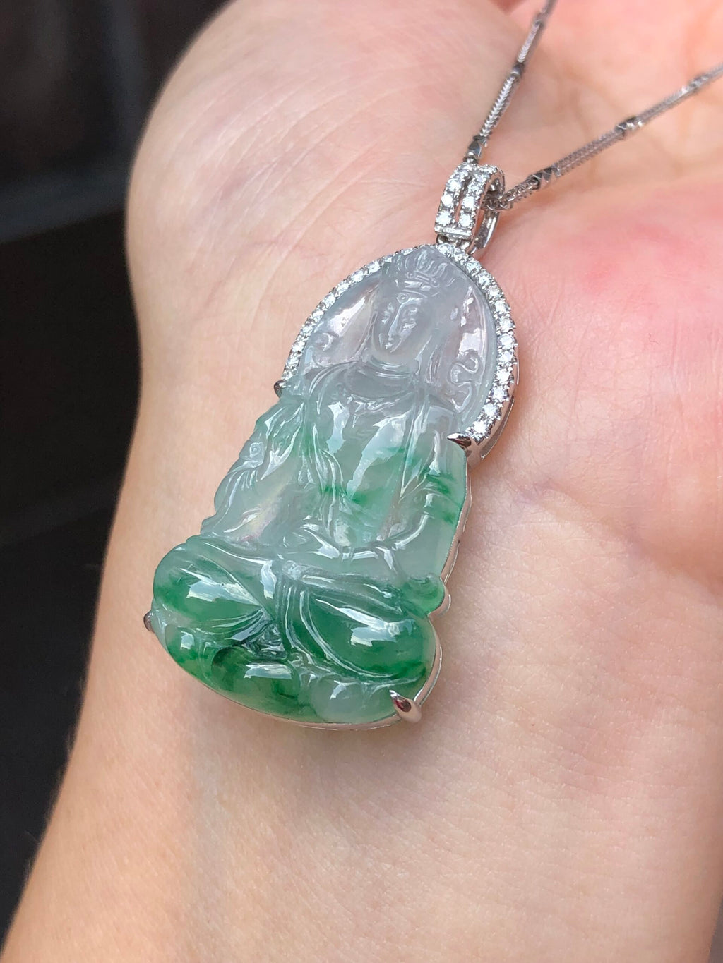 Icy Green Jade Guan Yin Pendant