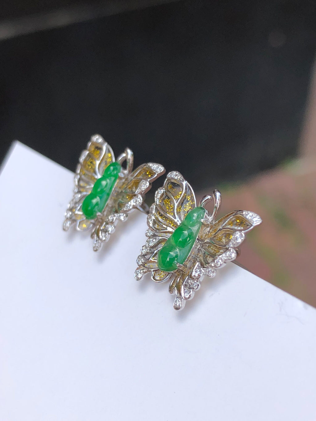 Green Jade Pea Pod Butterfly Earrings