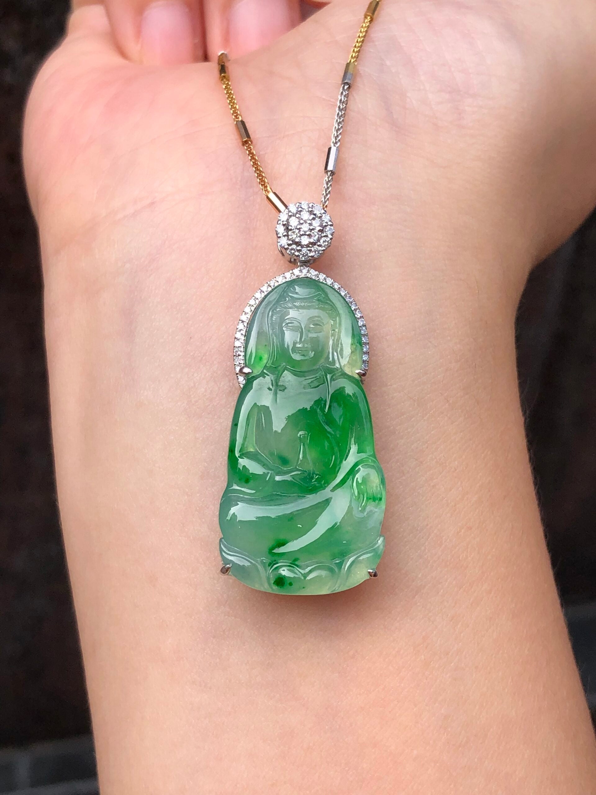 Icy Green Jade Guan Yin Pendant
