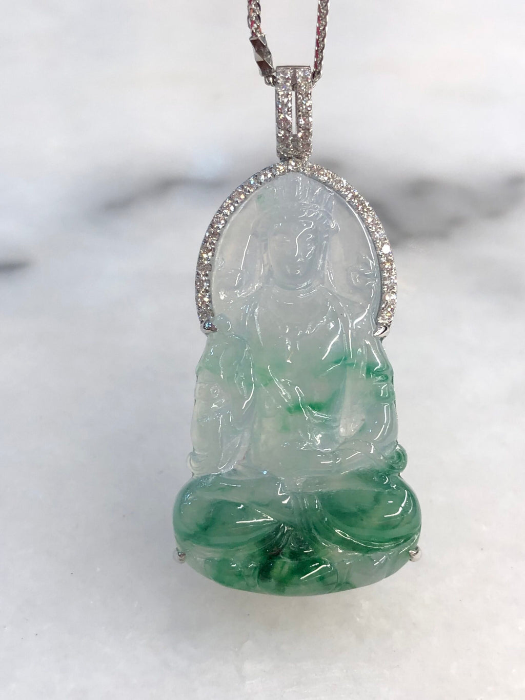 Icy Green Jade Guan Yin Pendant