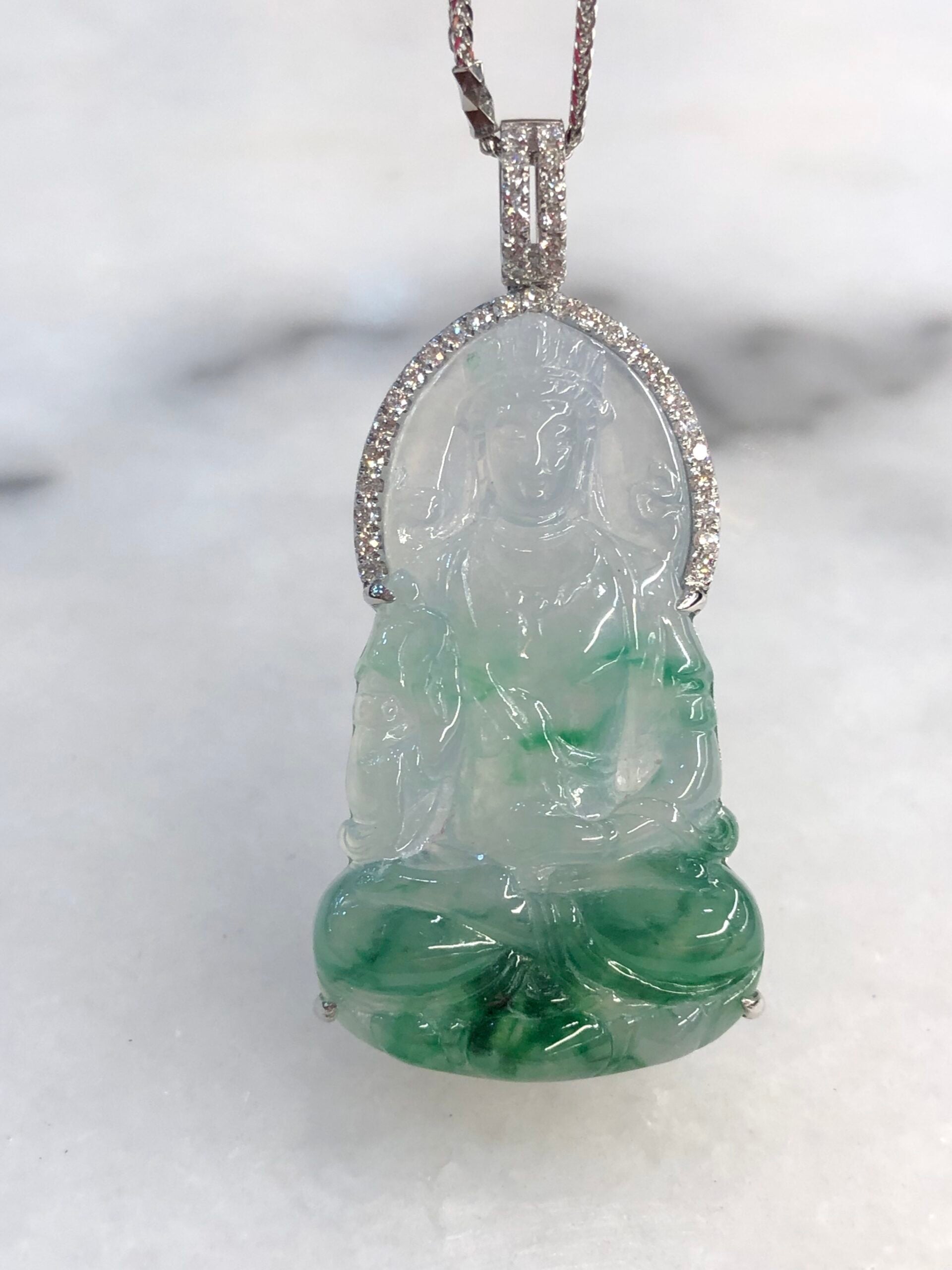 Icy Green Jade Guan Yin Pendant