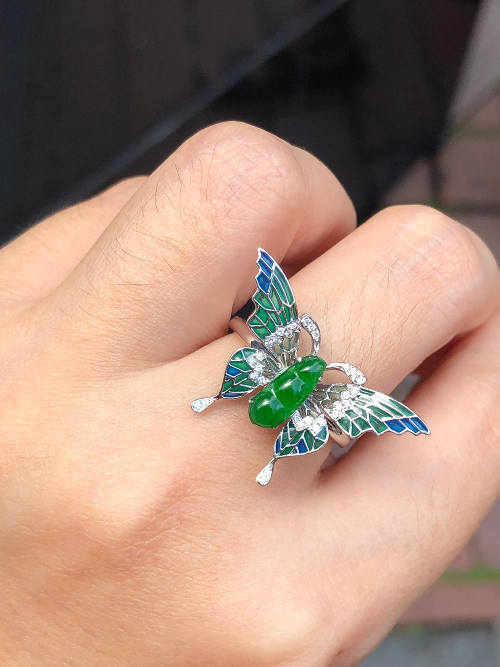 Green Jade Pea Pod Butterfly Ring