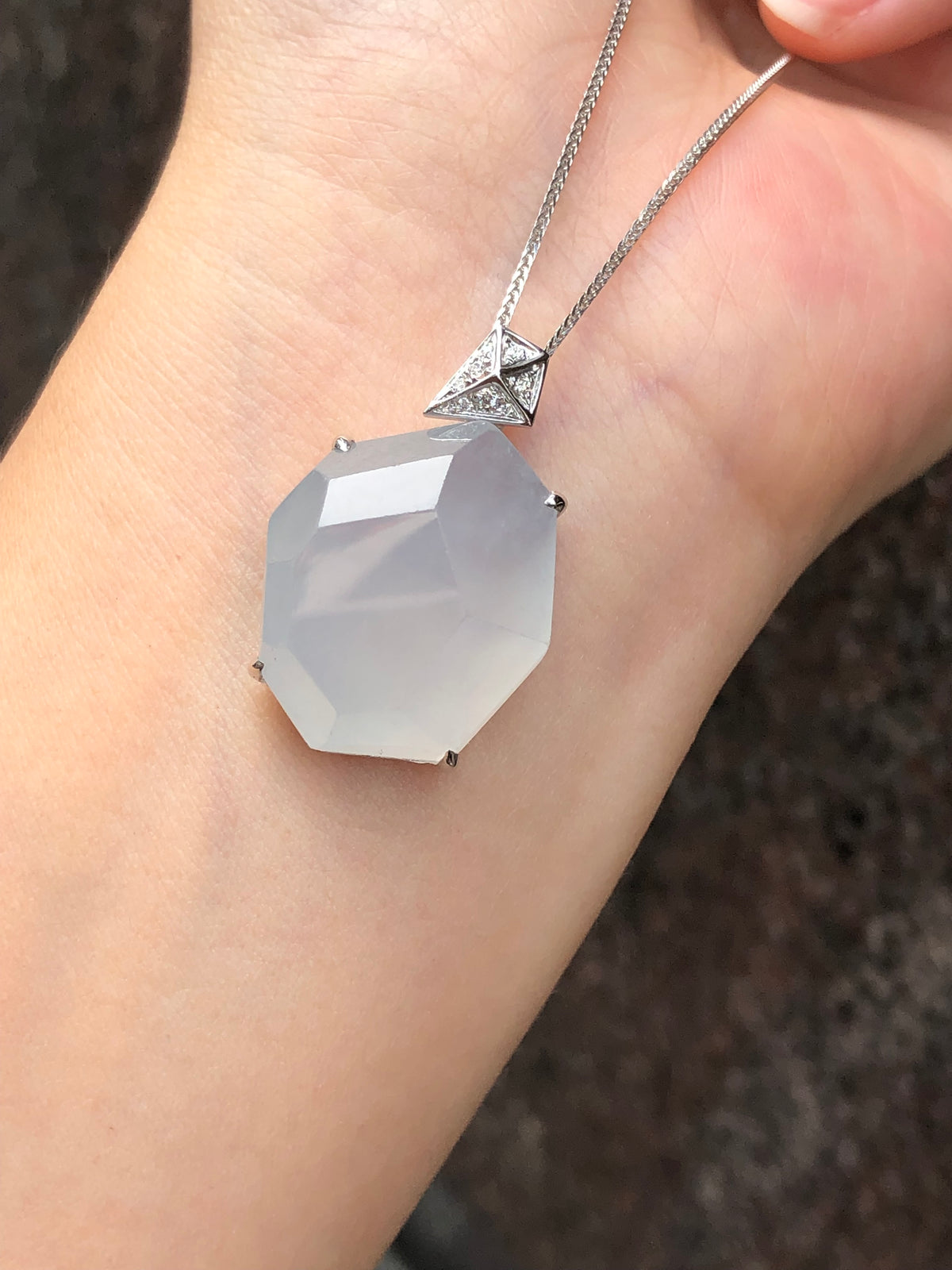 Natural Type A icy white faceted jadeite pendant in 18K white gold and natural diamonds | ClassicJade Singapore