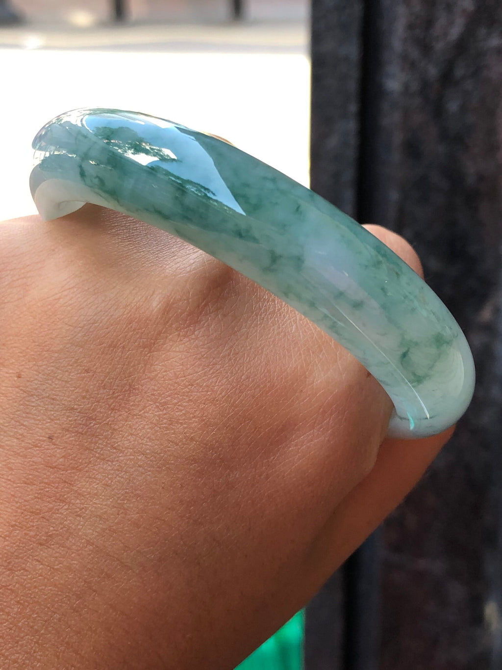 Icy Bluish Green Floral Jade Bangle