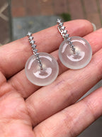 Natural Type A highly translucent, near glassy icy white jadeite safety coin earrings set in 18K white gold and natural diamonds | ClassicJade Singapore