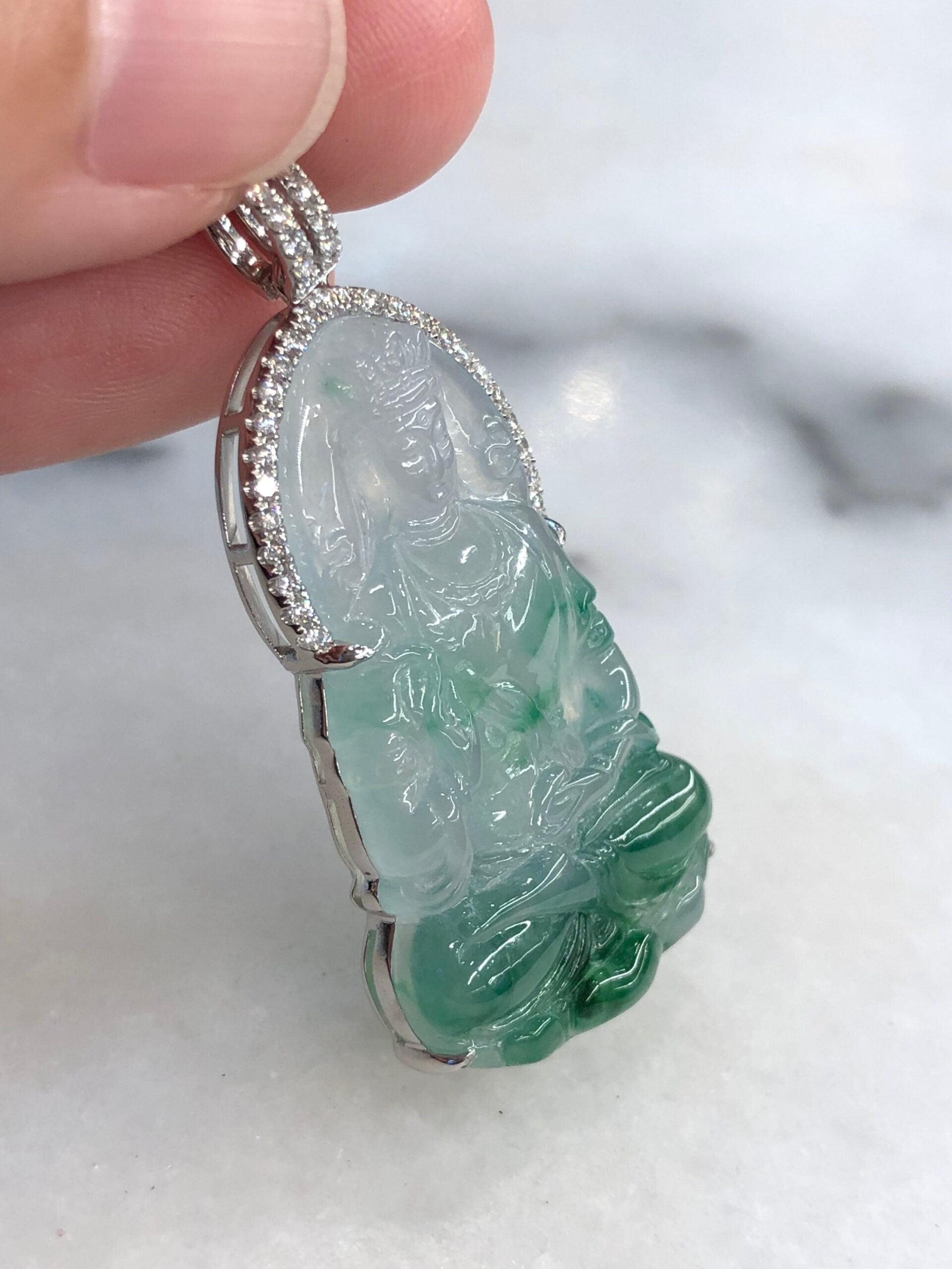 Icy Green Jade Guan Yin Pendant