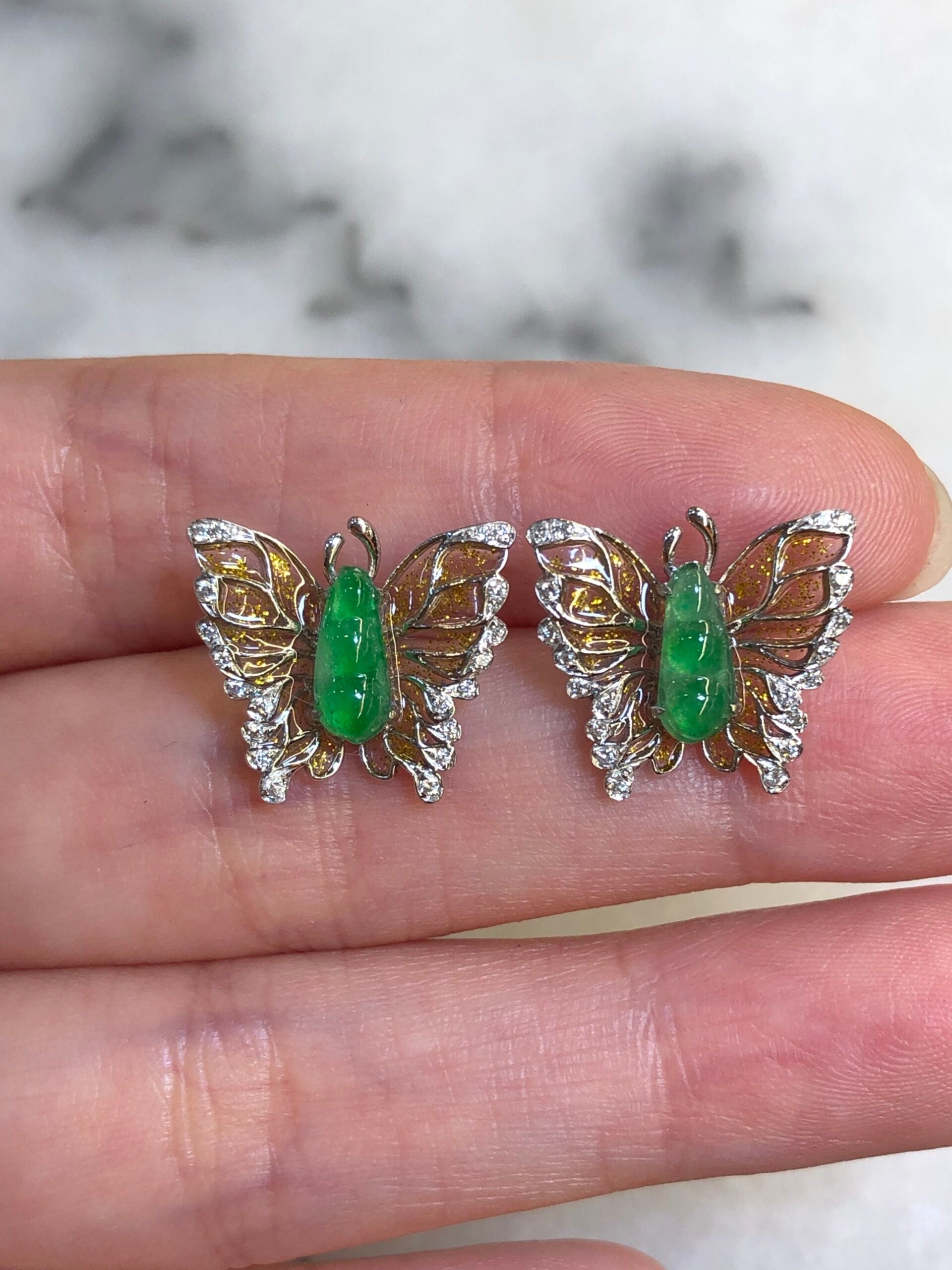 Green Jade Pea Pod Butterfly Earrings