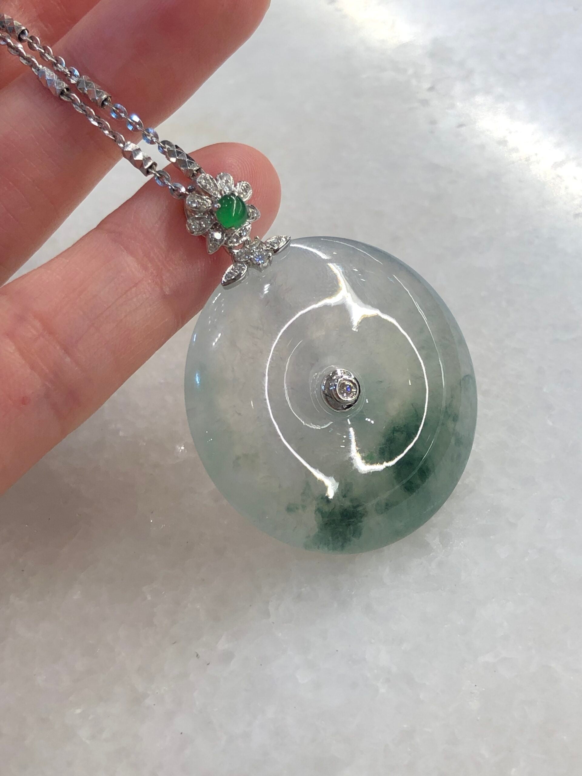 Icy with Bluish Green Floral Jade Safety Coin