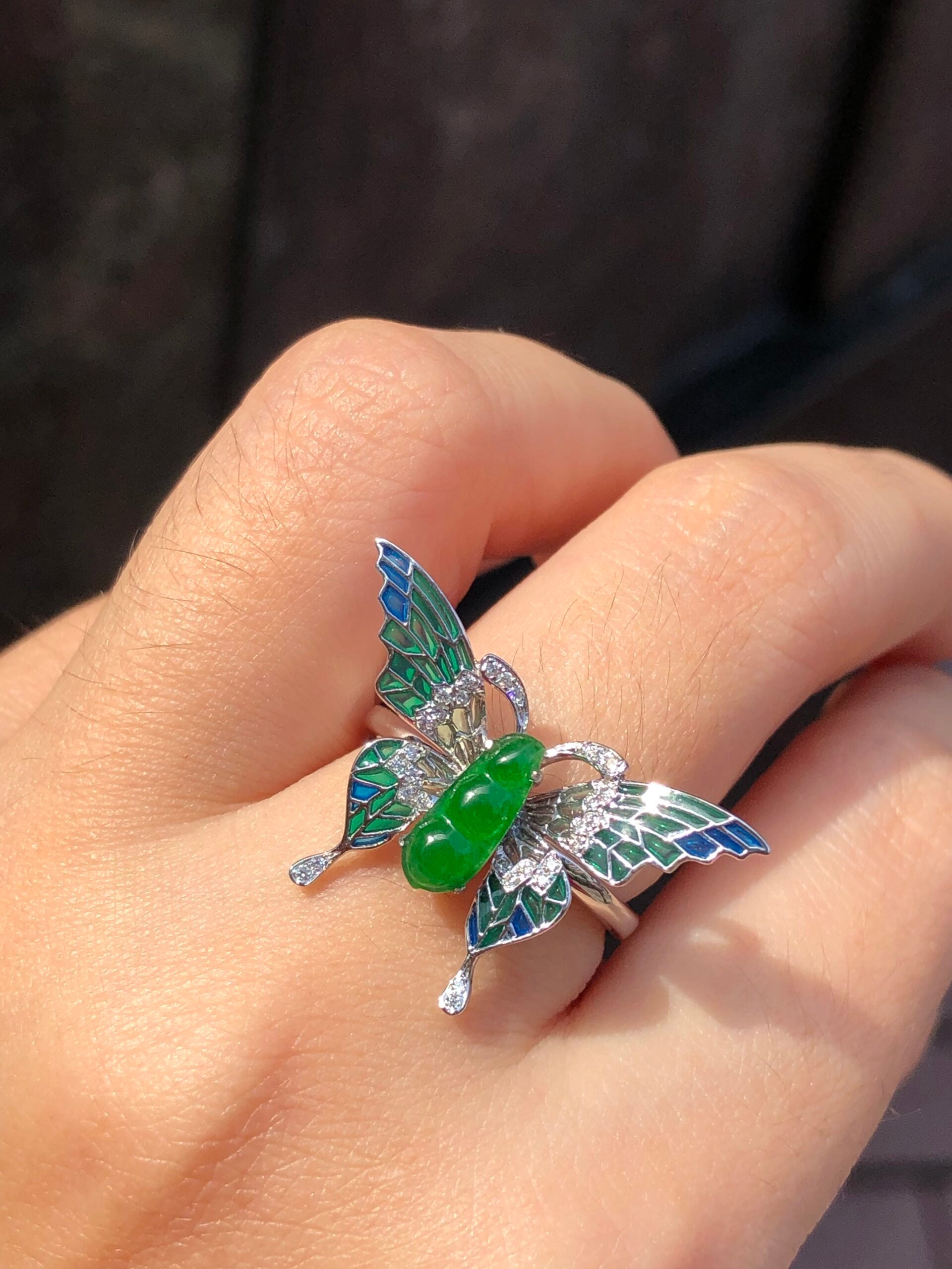 Green Jade Pea Pod Butterfly Ring