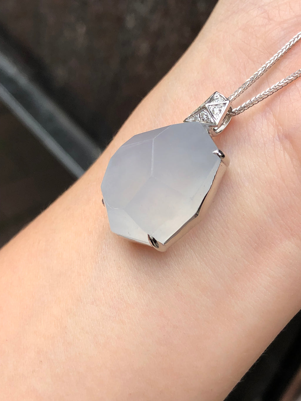 Natural Type A icy white faceted jadeite pendant in 18K white gold and natural diamonds | ClassicJade Singapore