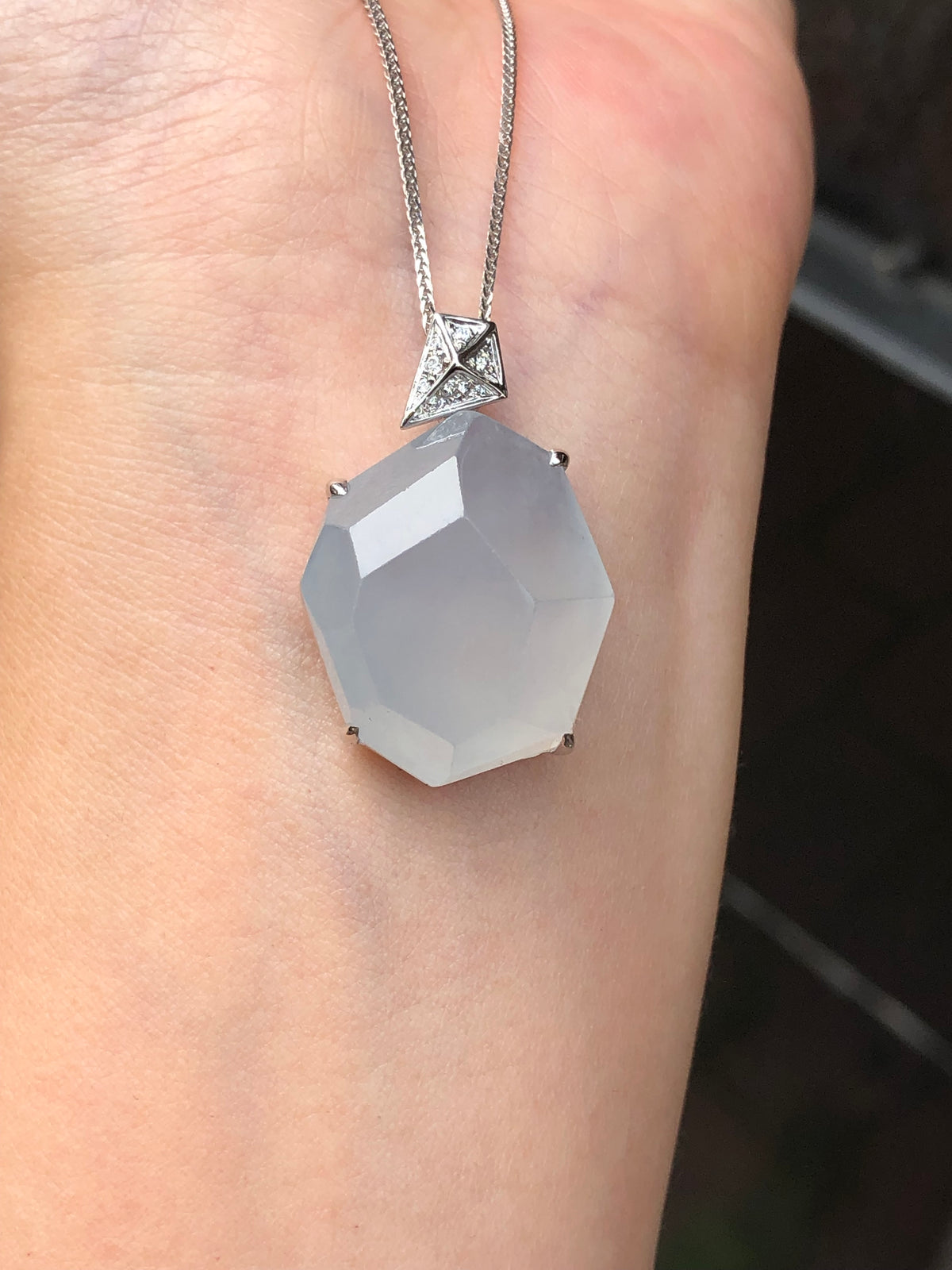Natural Type A icy white faceted jadeite pendant in 18K white gold and natural diamonds | ClassicJade Singapore