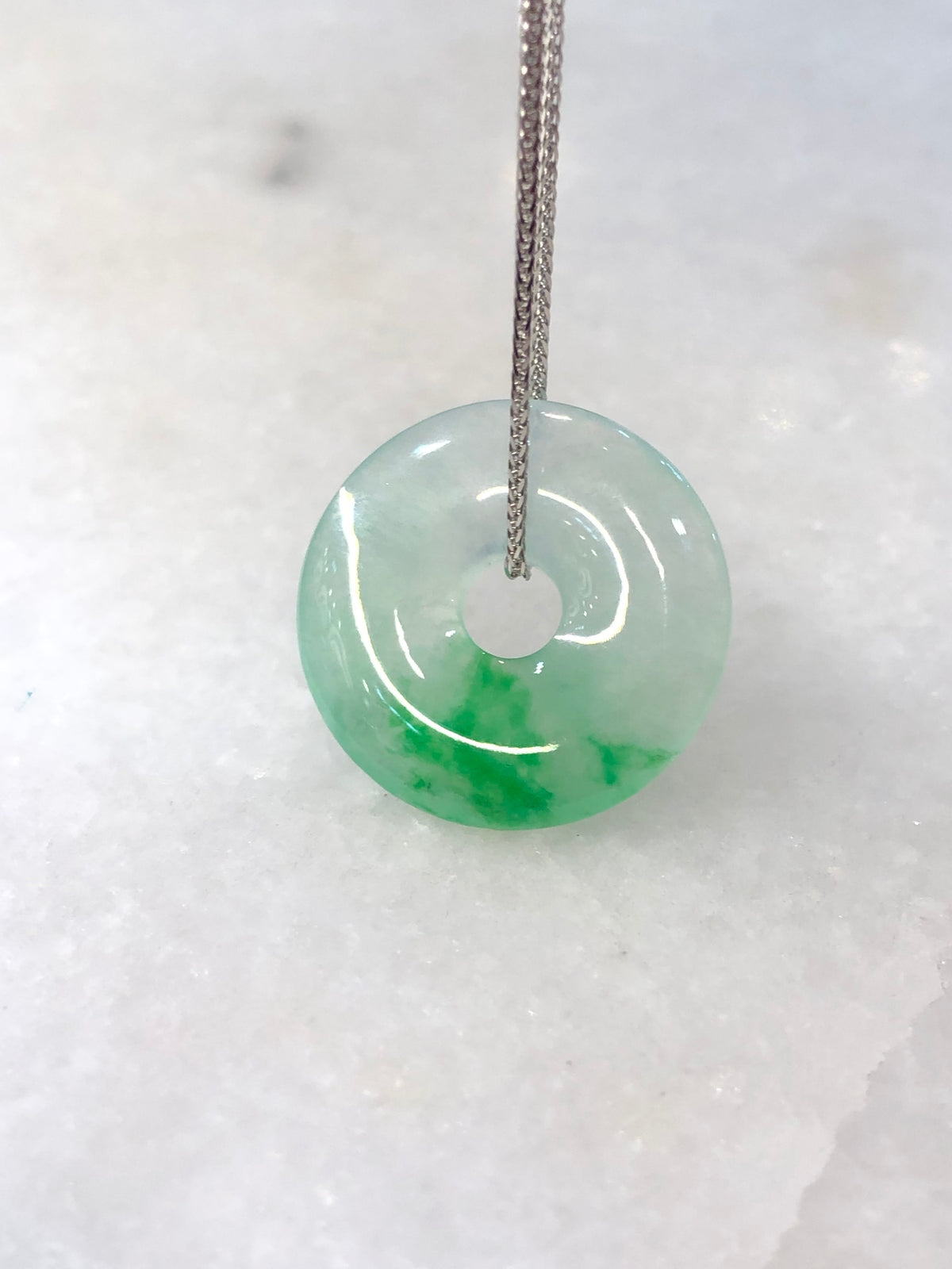 Icy Green Safety Coin Jadeite Pendant with 18K White Gold Chain | ClassicJade Singapore