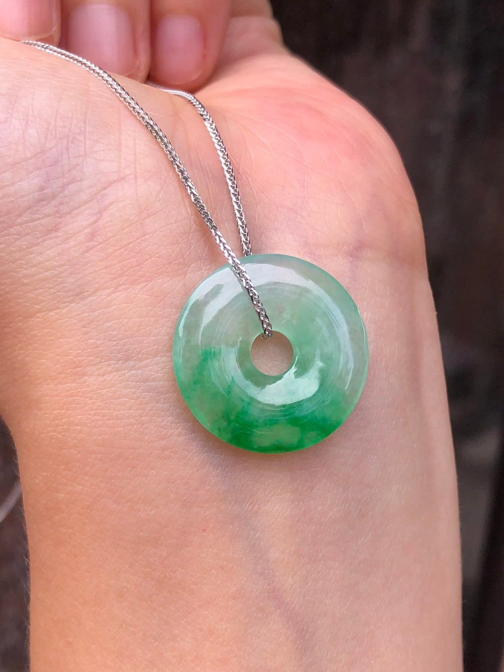 Icy Green Jade Safety Coin with 18k White Gold chain