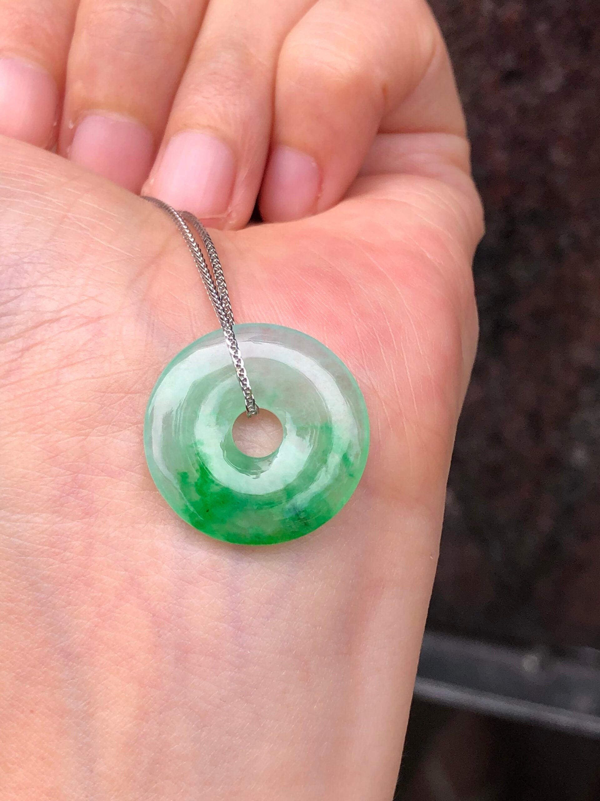 Icy Green Jade Safety Coin with 18k White Gold chain