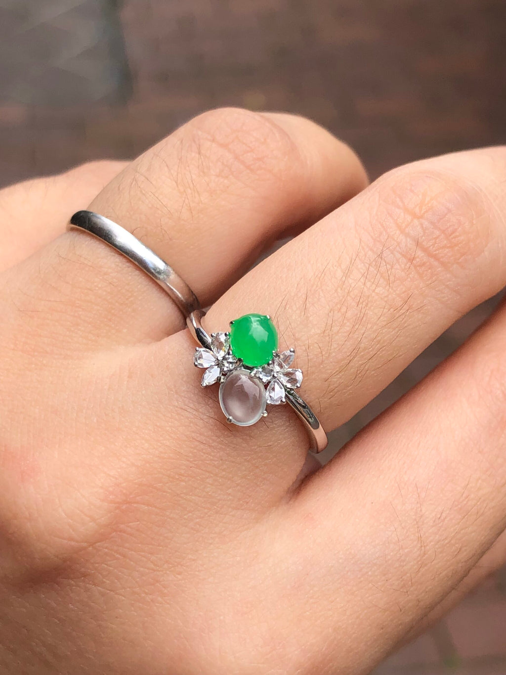 Green and Icy Jade Cabochons Ring