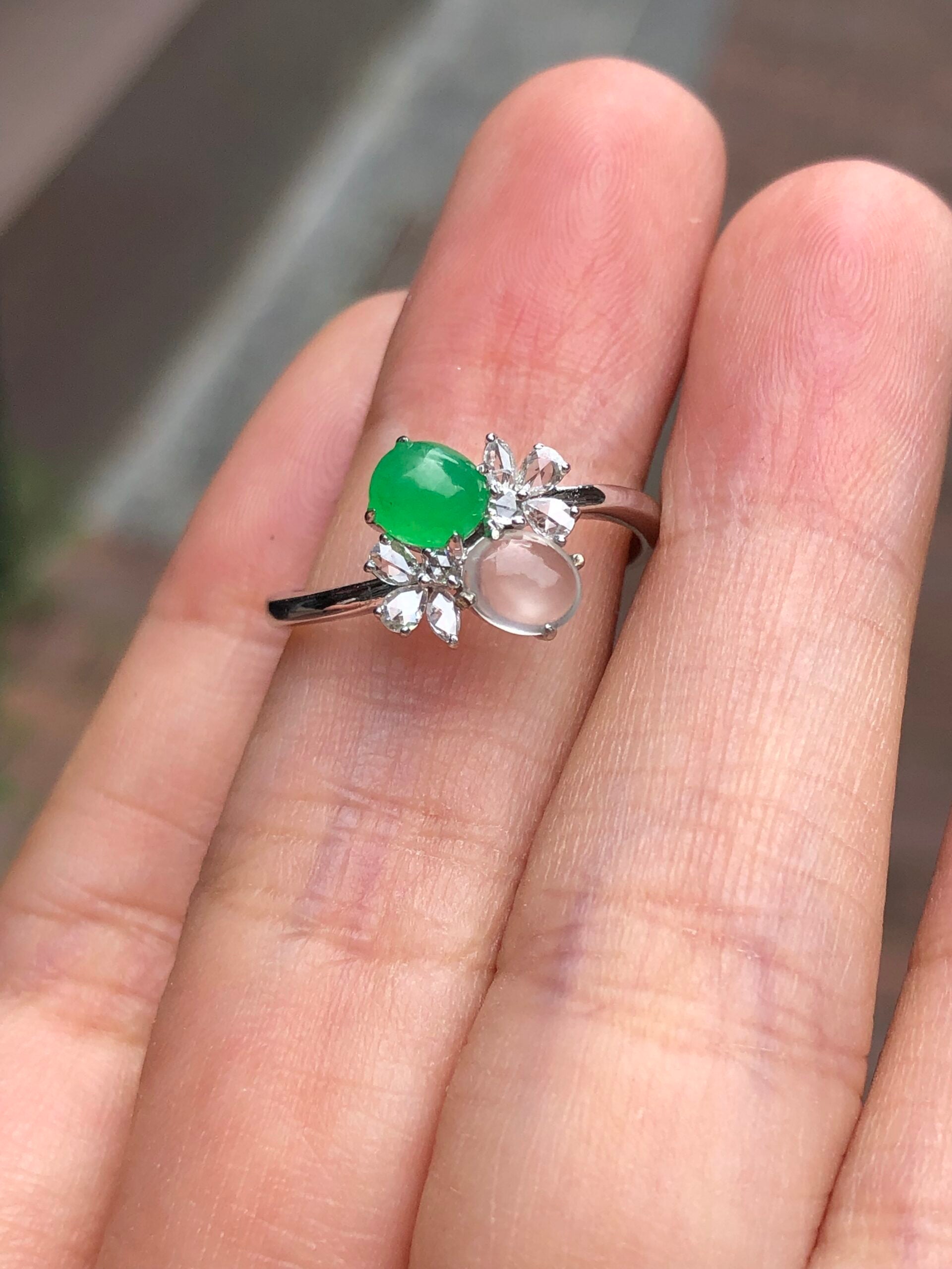 Green and Icy Jade Cabochons Ring